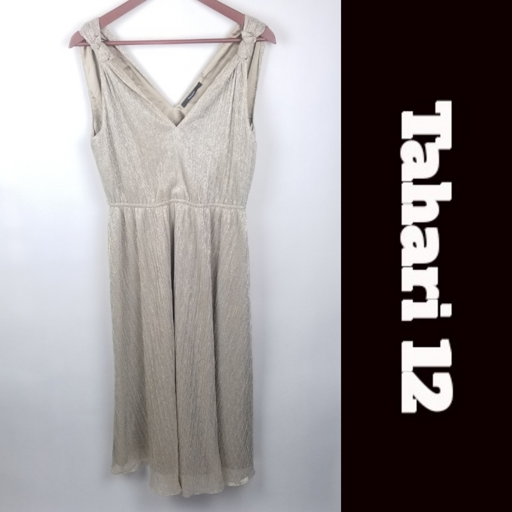 Tahari Metallic Champagne Gold V Neck Dress 12